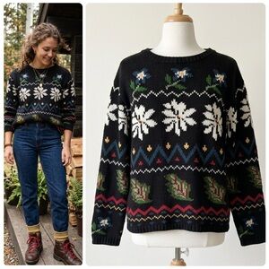 Eddie Bauer 90s Vintage Folk Art Floral Cotton Sweater Made in Hong Kong Size S